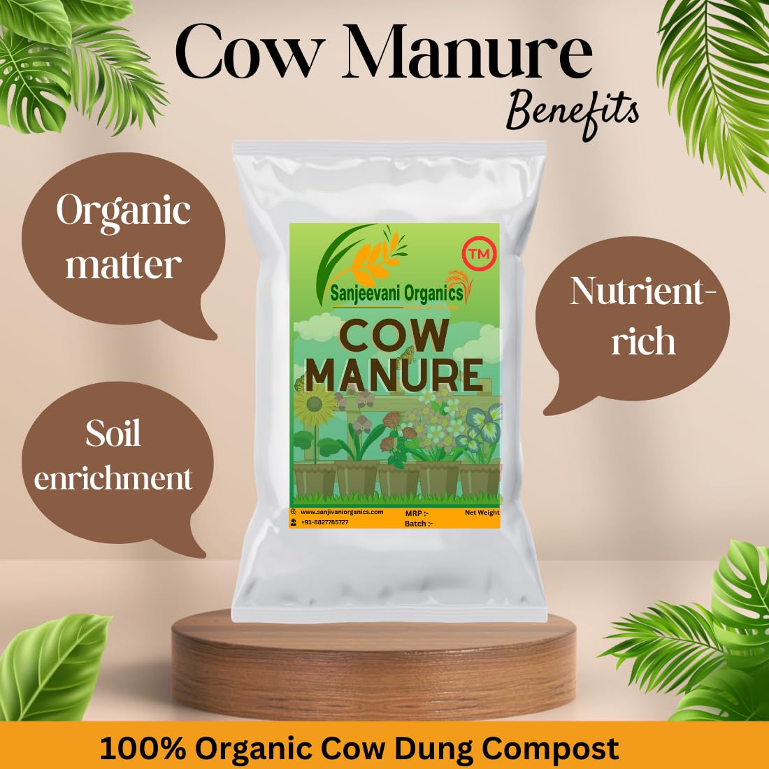 Sanjeevani organics cow dung manure for all kinds of indoor or outdoor plants used for garden potting mix, fertilizers, vermicompost, Plant Growth 1kg